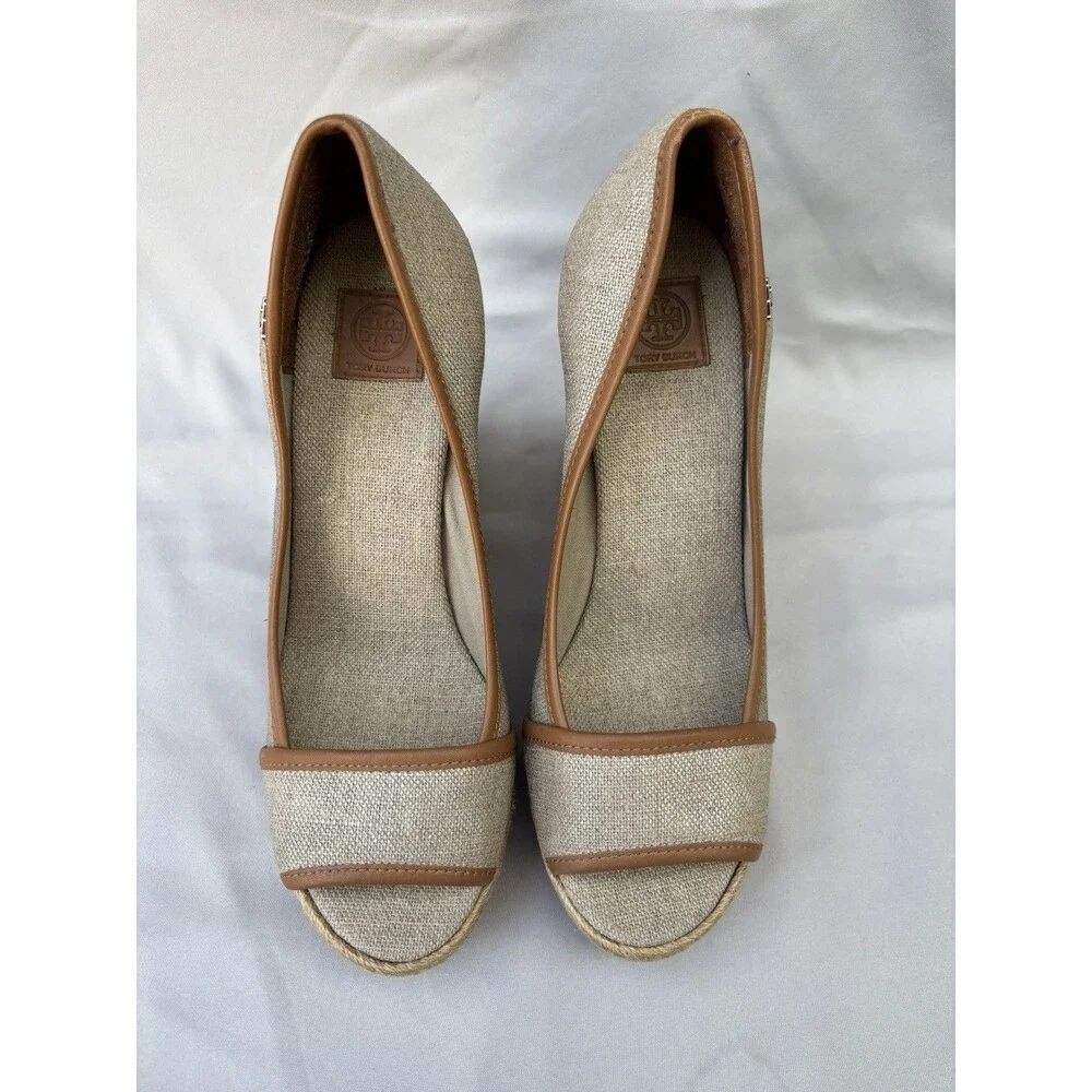 Tory Burch Majorca Canvas Espadrille Wedge Peep Toe Shoes Size 39 - 8-8.5M